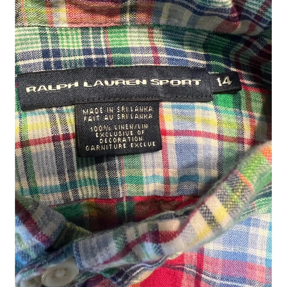 Ralph Lauren Sport Boys Youth Size 14 Plaid Linen Button Front Long Sleeve Shirt